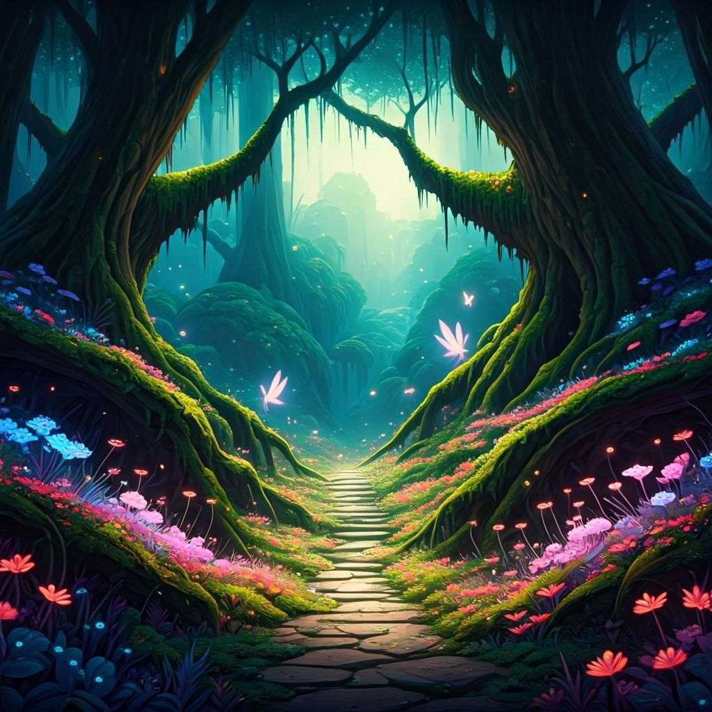 Ethereal Forest Landscape with Bioluminescent Flora