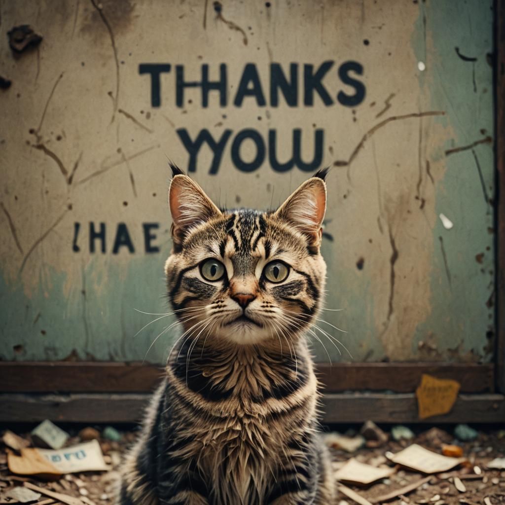 A cute detailed cat and a sign that says "Thanks you" on it.