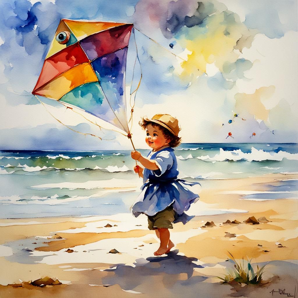 toddler flying a kite at the beach
