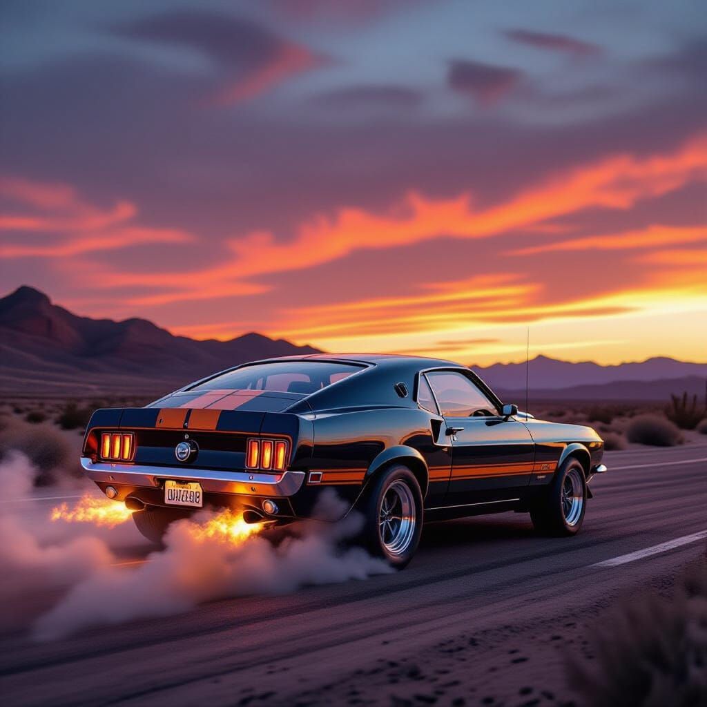 A souped-up 1969 Ford Mustang Mach 1, with racing stripes and a roaring engine, is captured mid-drift ...  by @Iconoclast