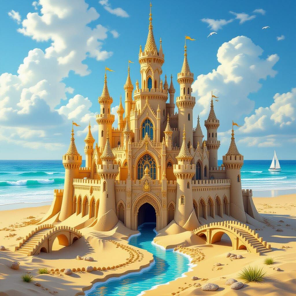 Highly detailed fantasy painting of a magnificent sand castle palace on a beautiful beach. The castle is an elaborate fantasy structure with...