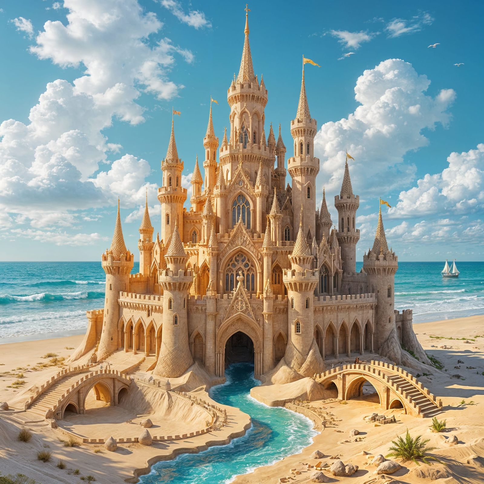 Highly detailed fantasy painting of a magnificent sand castle palace on a beautiful beach. The castle ...  by @Chaim