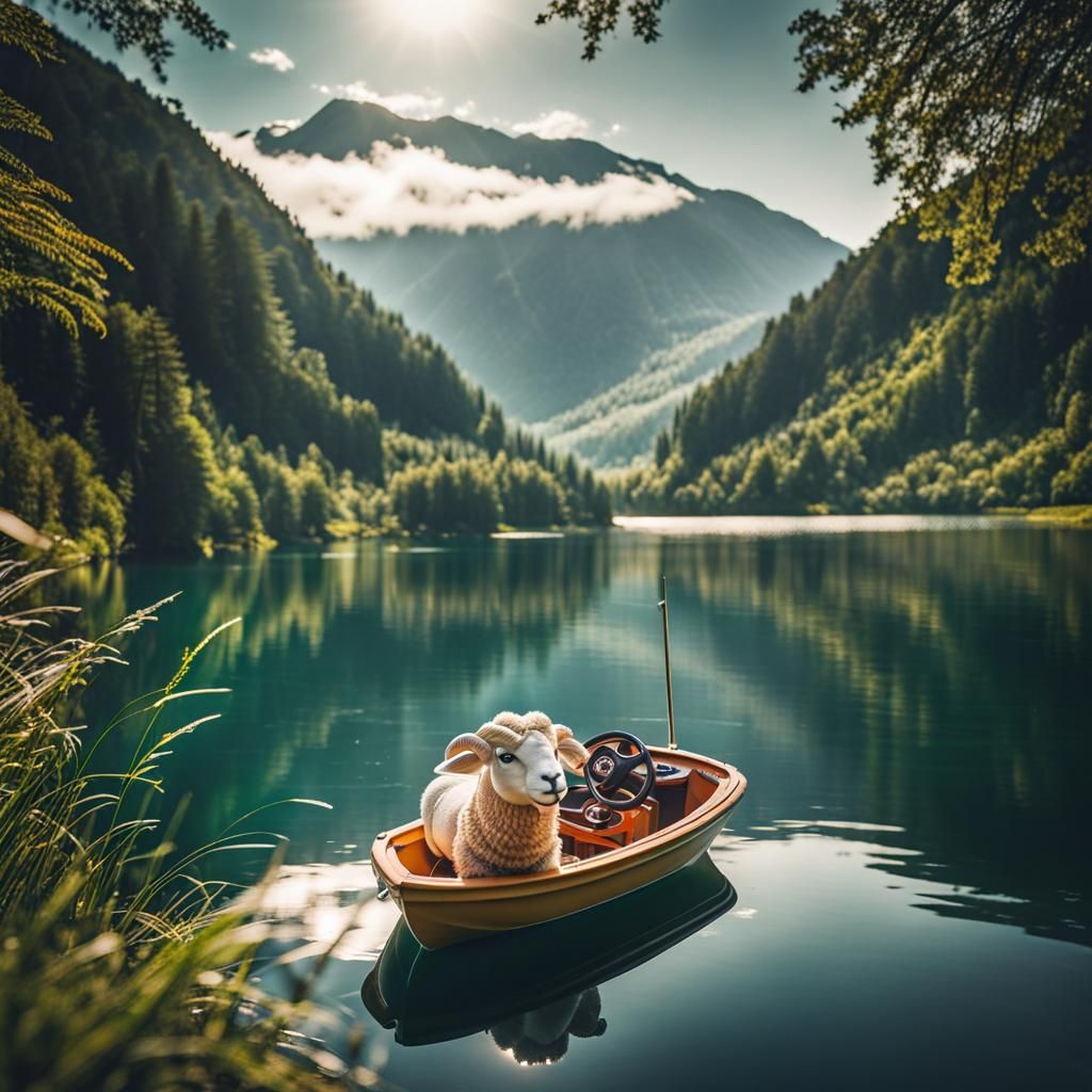 Adorable Ram Plush Toy Drives Motorboat on Lake