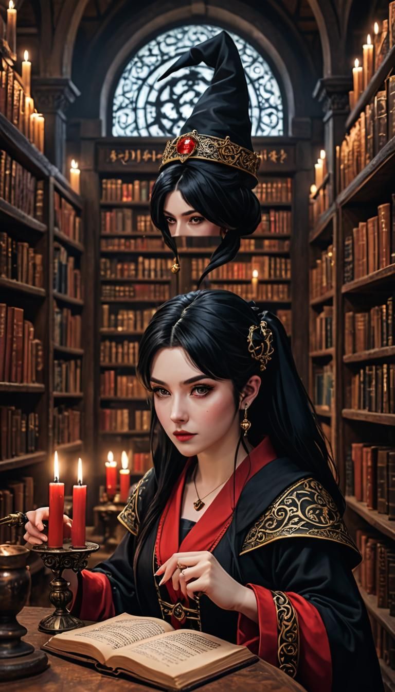 Masterpiece image of a beautiful woman in red and black robe...