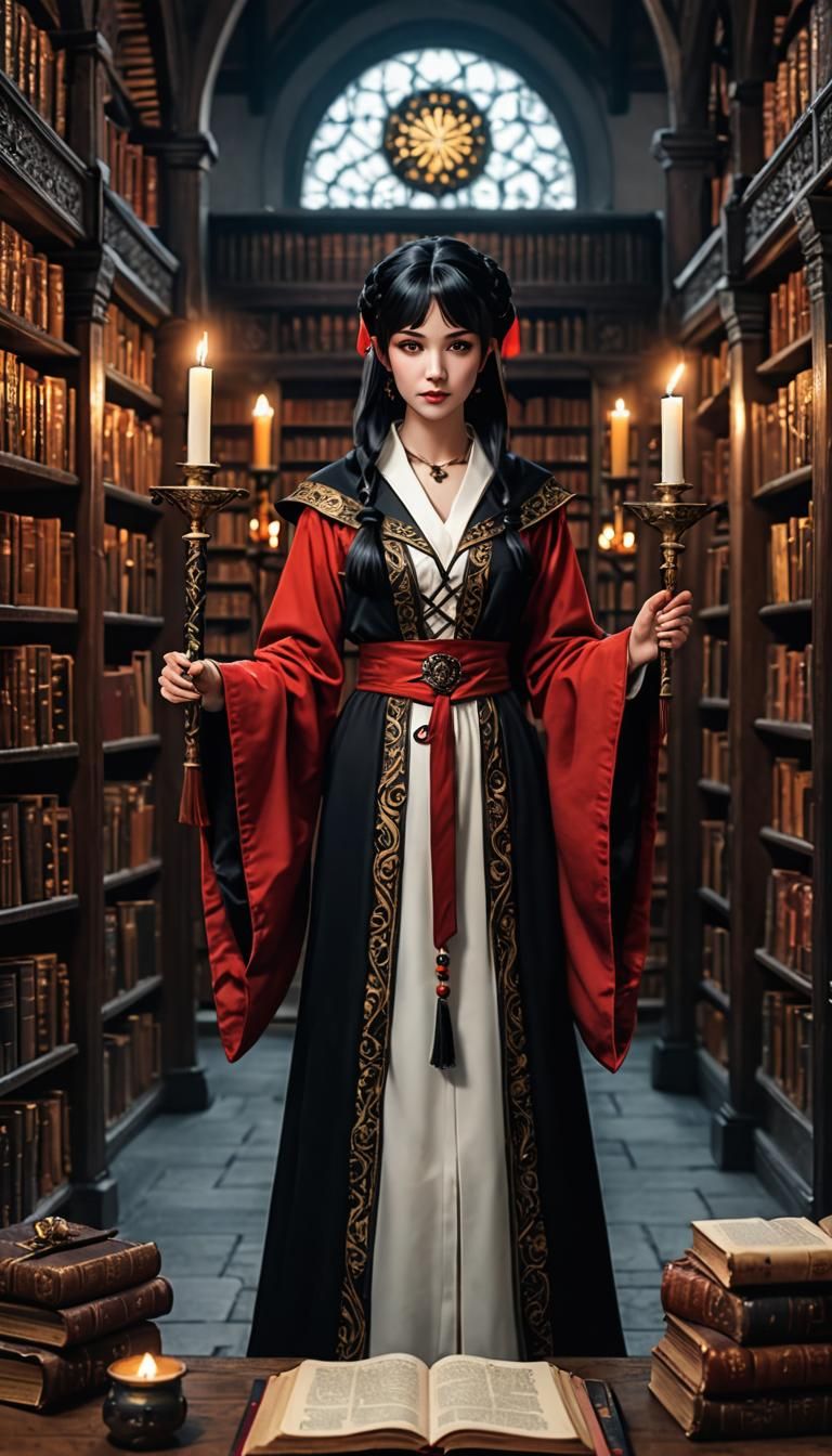 Masterpiece image of a beautiful woman in red and black robe...