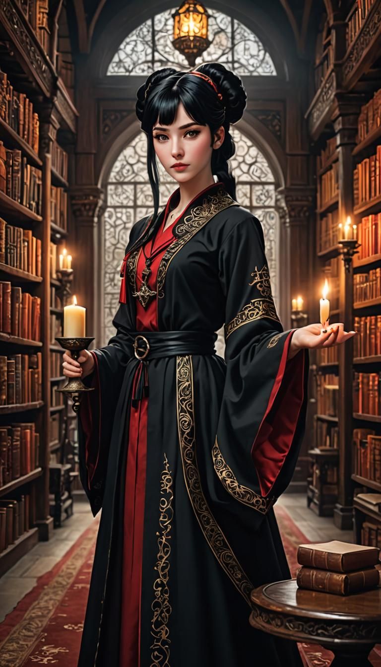 Masterpiece image of a beautiful woman in red and black robe...