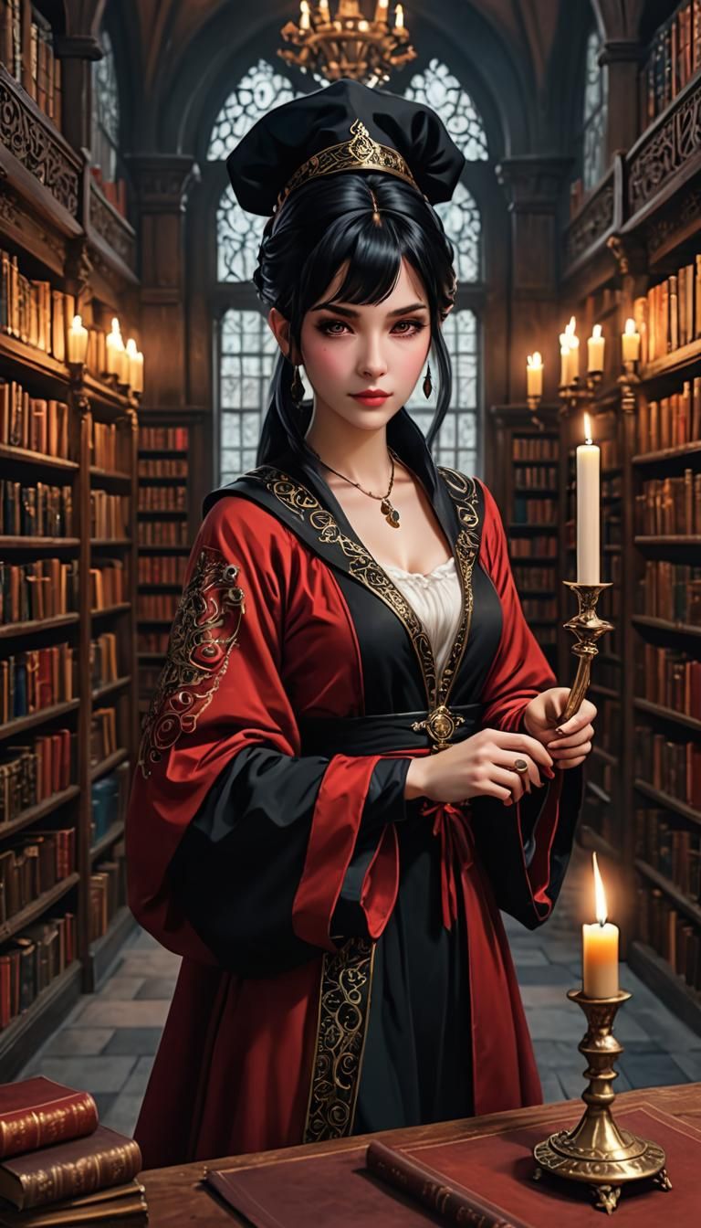 Masterpiece image of a beautiful woman in red and black robe...