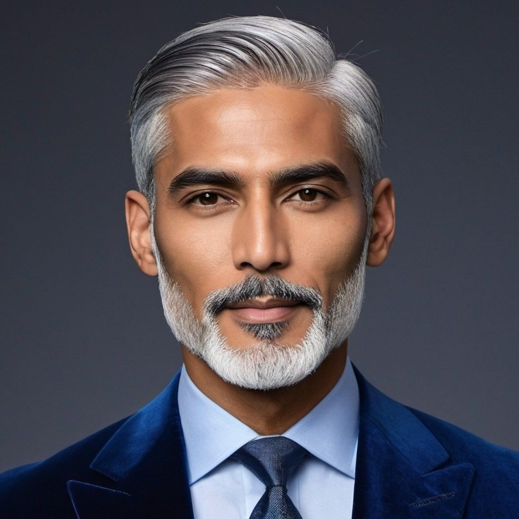 A handsome daddy with   silver grey beard   wearing  a   blu...