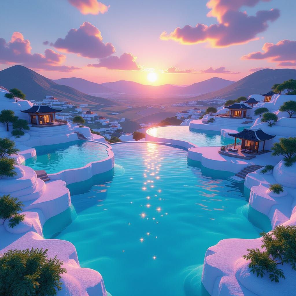 Turquoise Thermal Pools at Sunset: 3D Anime Style