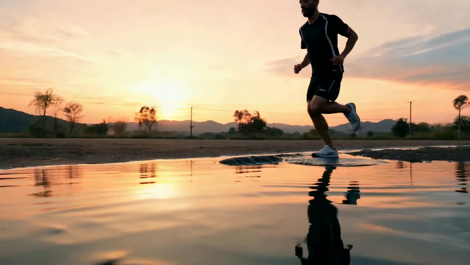A slow-motion cinematic video of an athlete jumping over a puddle with a perfect reflection in the water. The scene is s...