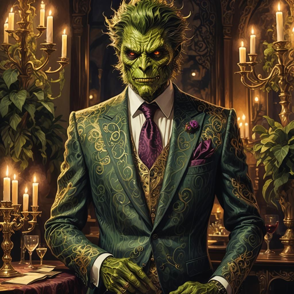 a formal monster in a dress, face and hands are hairy, but he looks attractive  by @fischsuppe