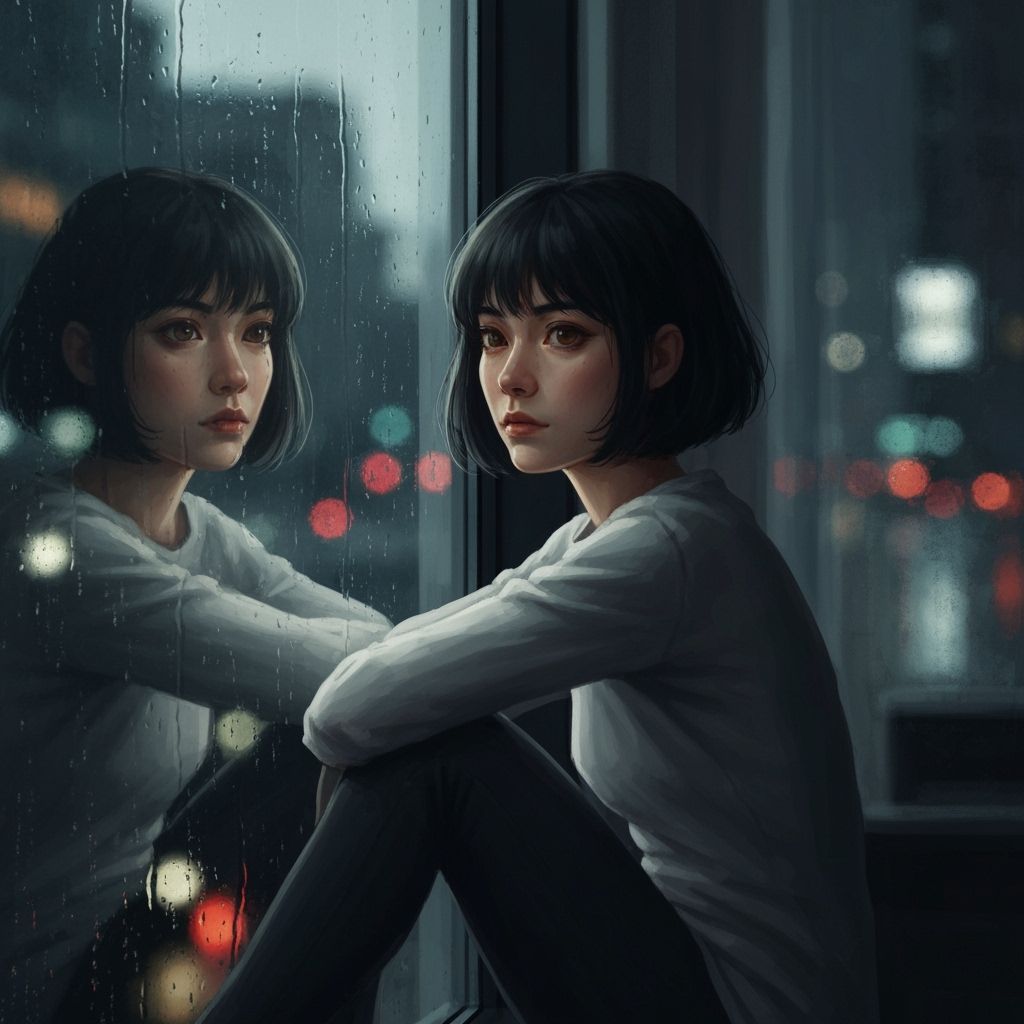 Woman Gazing at Rainy City Lights