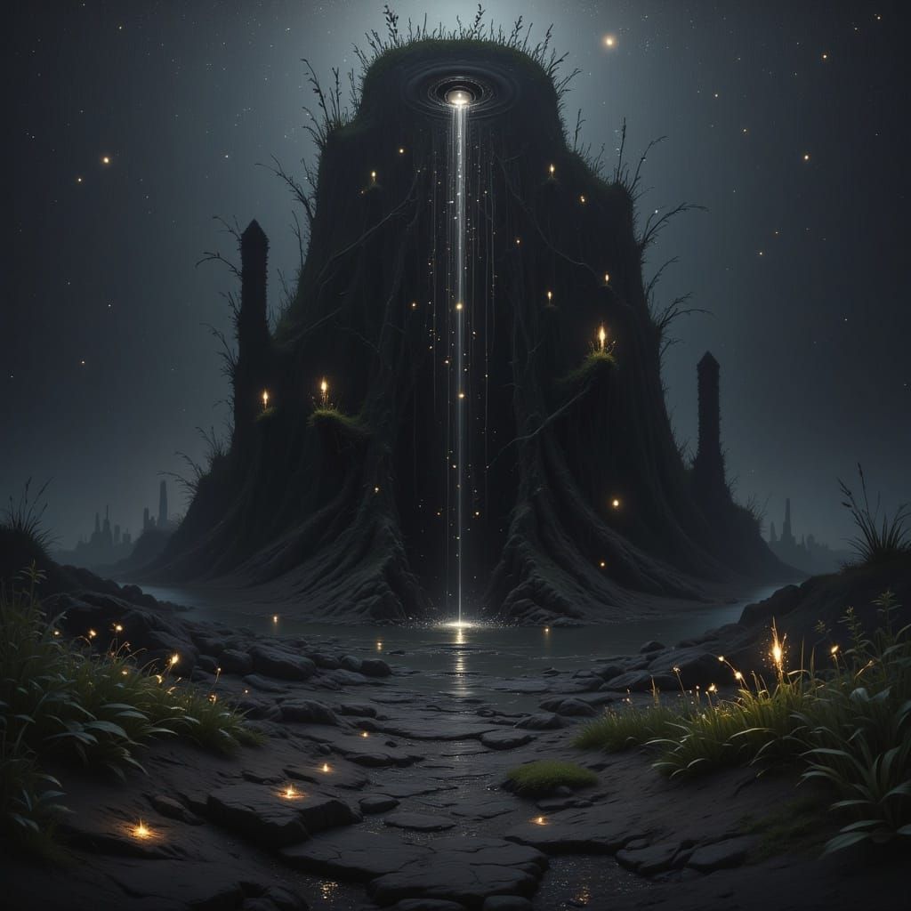 <lora:Fairy Lights Flux:1.0>  A massive black citadel situated on a barren plane, intense impasto painting, pitch black, dripping black oils