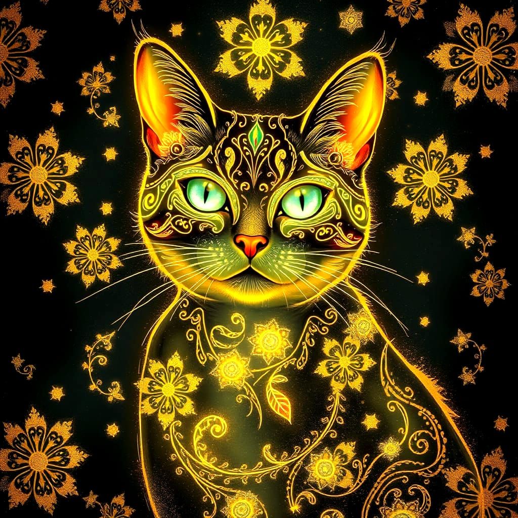 A cat that is bioluminescent and ethereal, with filigree, and a black background filled with golden designs of filigree. The cat is golden t...