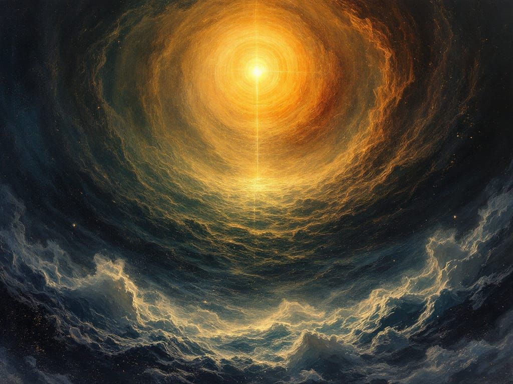 In the beginning, the earth drifted in shapeless silence — a boundless void cloaked in shadow.  
Over the deep, unseen currents stirred as t...