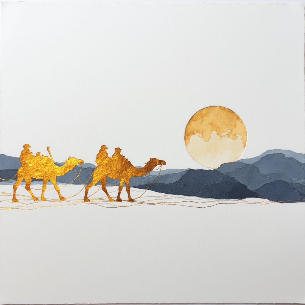 <lora:Black-n-Gold:1.0>
Desert caravan reduced to silhouettes, camels as blocky gold and copper leaf shapes, horizon in steel-blue, minimal...