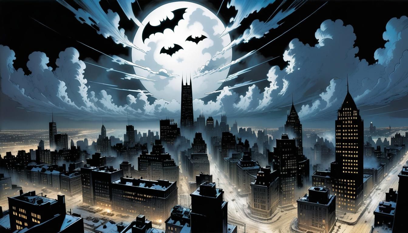 Nighttime Gotham Cityscape Batsignal in the clouds blizzard