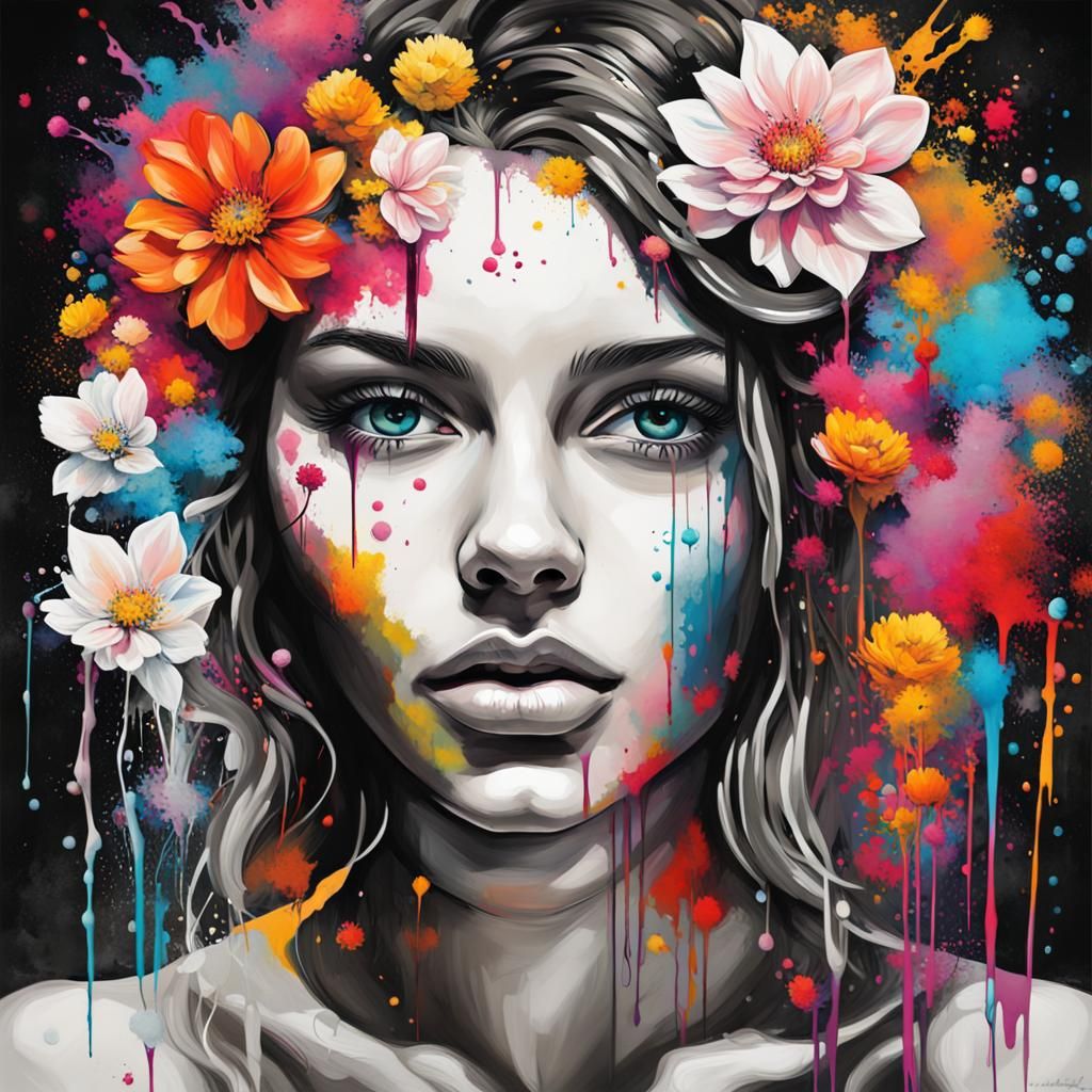 Blossoming Beauty White Girl, Wall Decor Floral Art Black Art Print Wall Art Poster AI