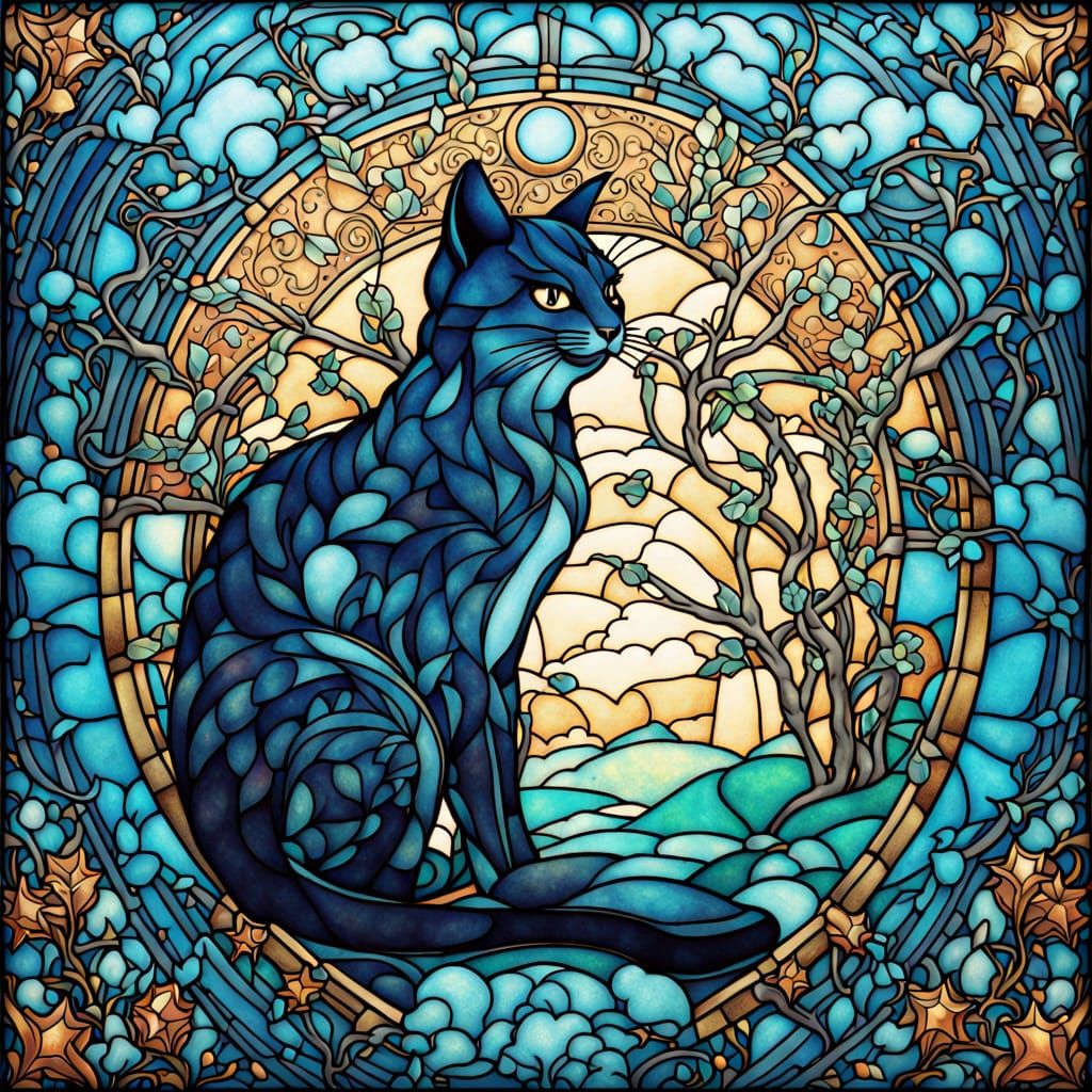 Whispering Cyan Cat in a Dreamlike Japanese Garden