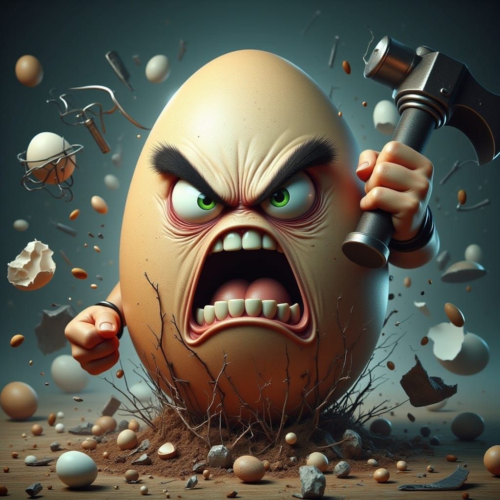 <lora:-Angry Eggs-:1.0> angry egg with a hammer smashing a mailbox