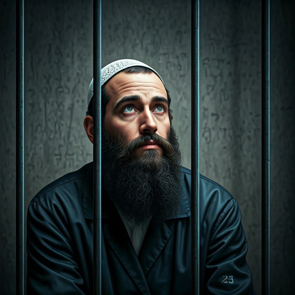 Bearded Haredi Man Contemplates Behind Bars in a Fantastical...