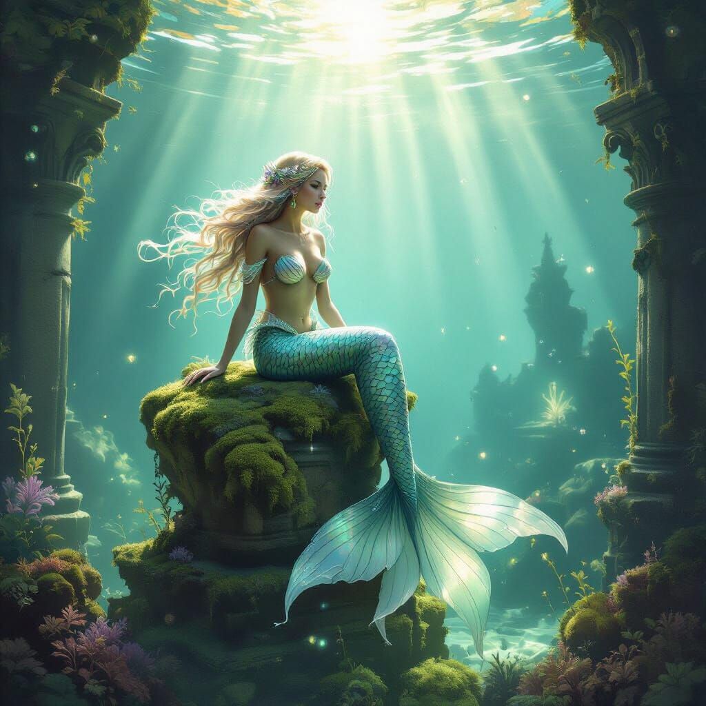 An enchanted mermaid with scales that shimmer like opals and hair like flowing kelp, sits upon a submerged, moss-covered statue in a forgott...
