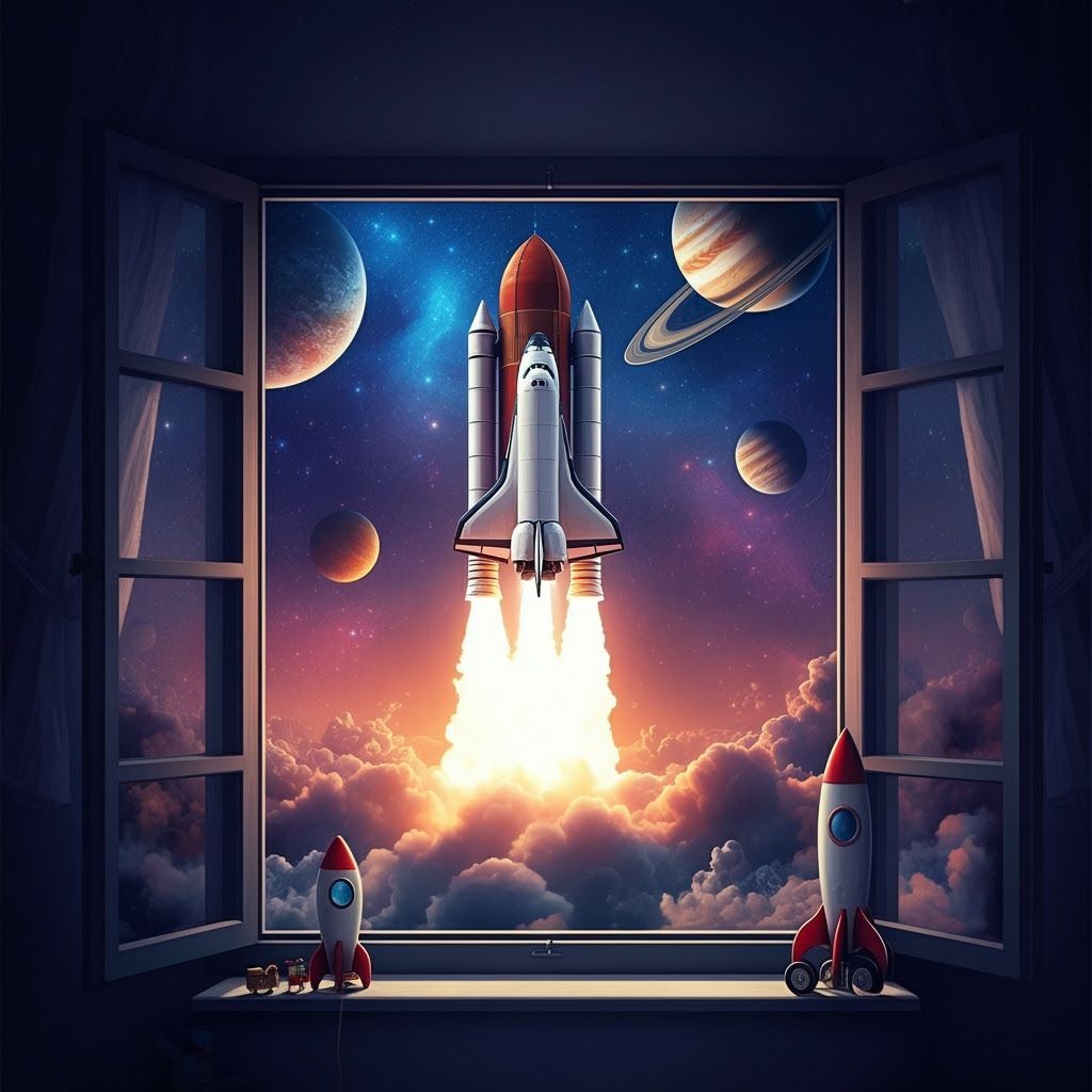 Rocket Launch into Starry Sky, Futuristic Realism