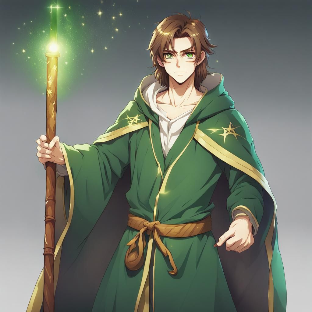 Anime 18 year old male human wizard nerd l with shoulder length brown hair in a ponytail, green eyes, a wooden staff, and basic green and go...