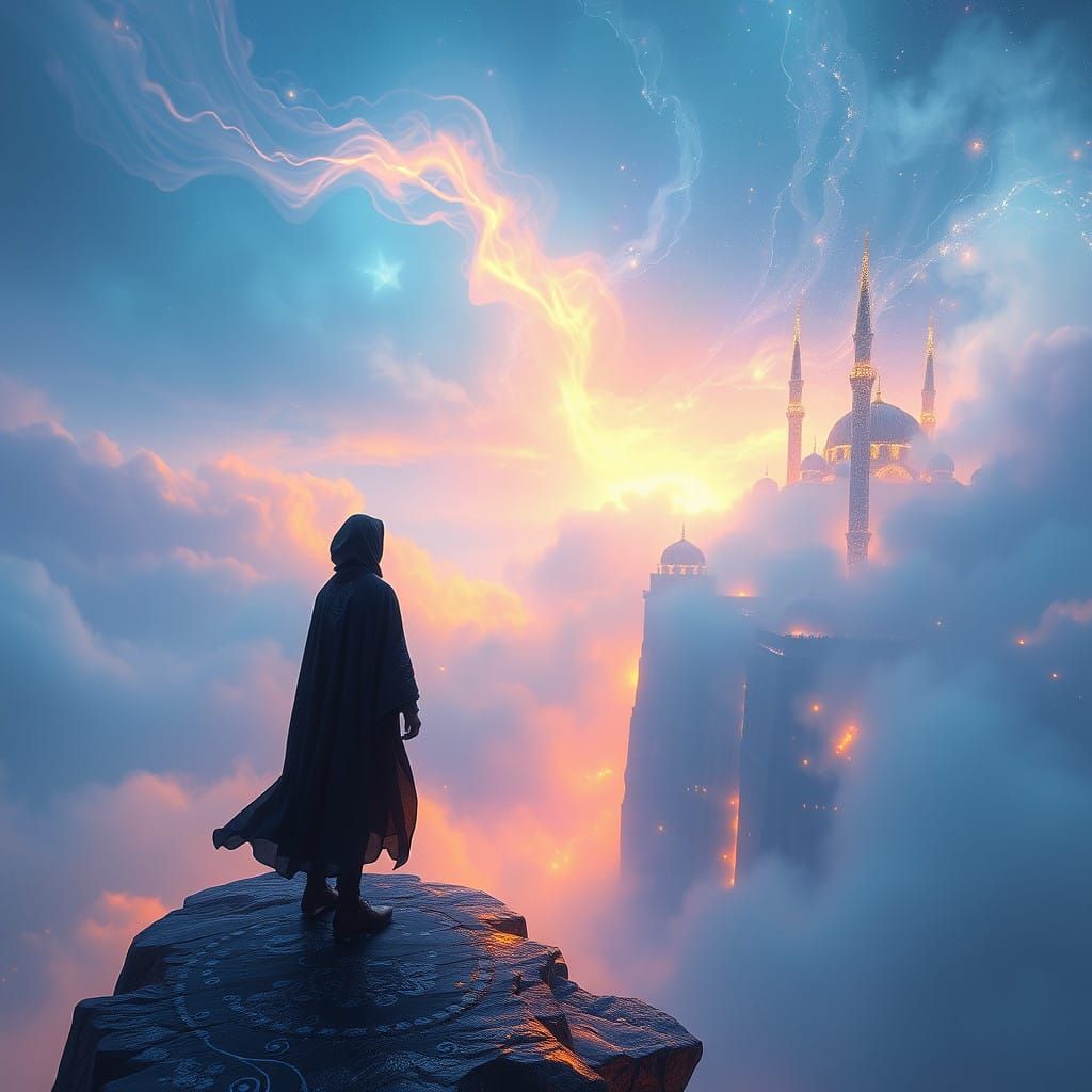 Mysterious Figure at Glowing Precipice in Dreamlike Landscap...