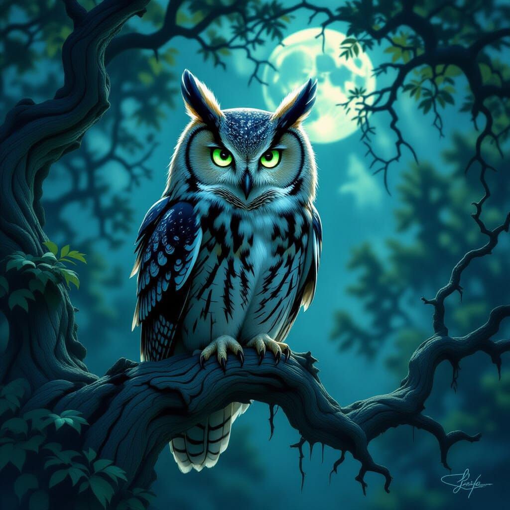 Majestic Owl with Glowing Eyes in Ancient Forest