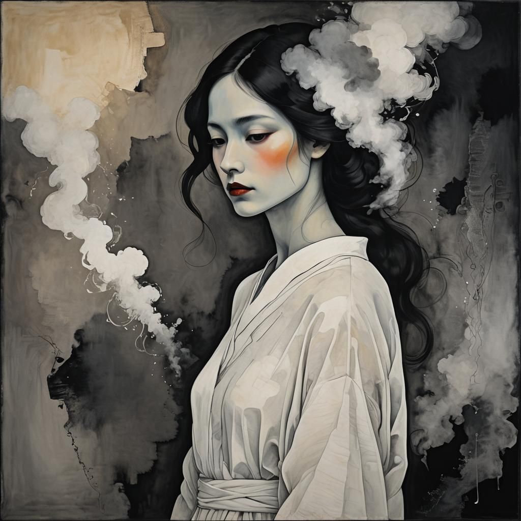 A woman composed of smoke monochrome silhouette white on bla...