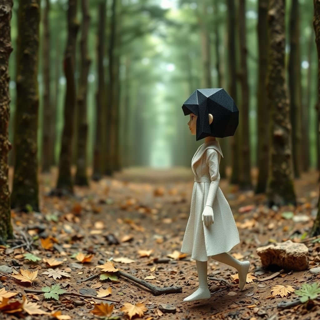 Origami Woman Walks in Detailed Forest