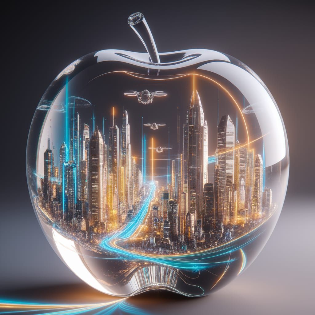 A breathtaking ultra-realistic depiction of a fully transparent apple, crafted entirely from shimmering, ...  by @Voldemort