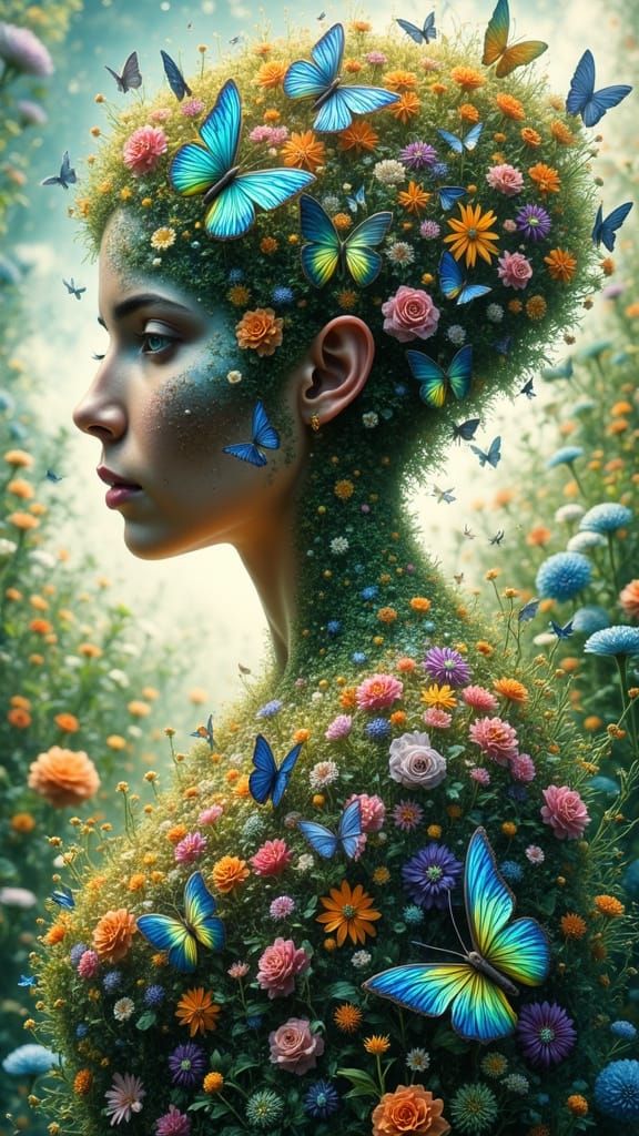 A woman stands in a lush, vibrant garden, surrounded by colorful flowers and soft sunlight filtering through ancient tre...