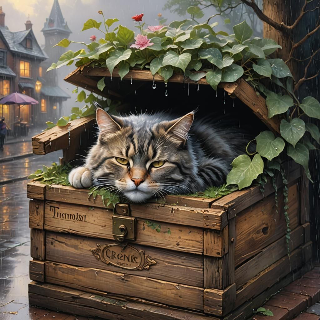 A Cat sleeping in an old Box ouside in the rain  by @forest_witch_francis