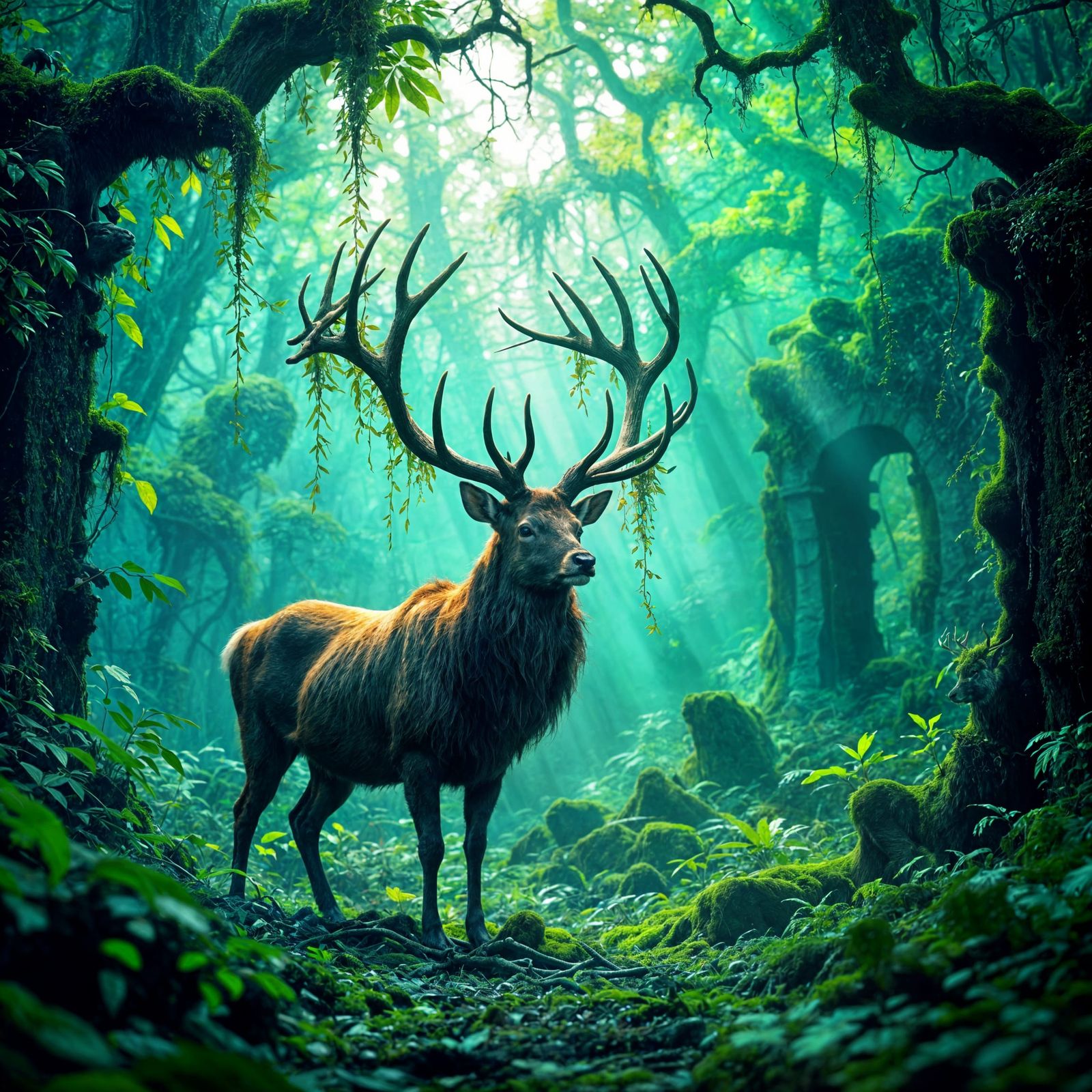 Majestic Stag in Misty Jungle Clearing