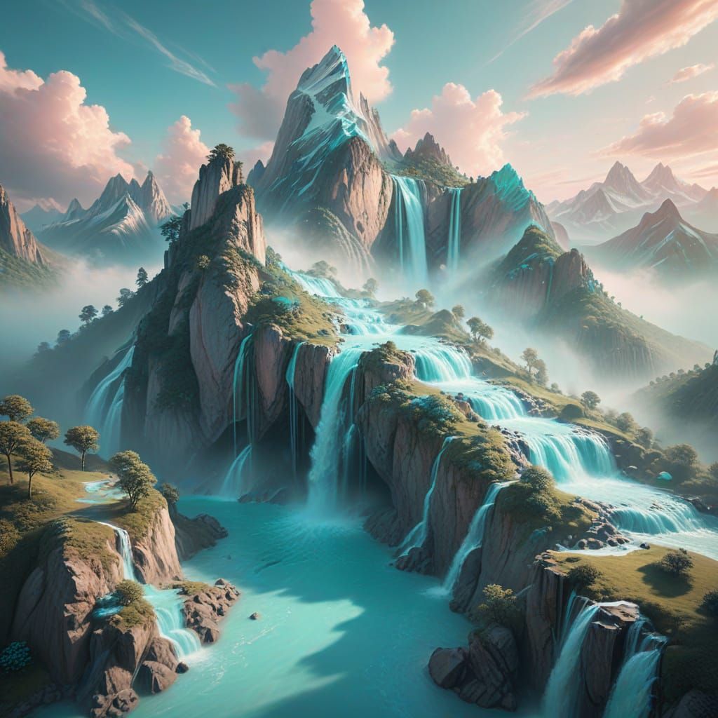 Pastel Sky with Floating Mountains: A Surreal Airbrush Paint...