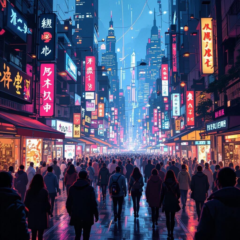 Dynamic Crowd Scene in Futuristic Cityscape