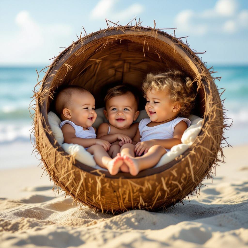 Babies Sitting in Coconut Halves by the Sea