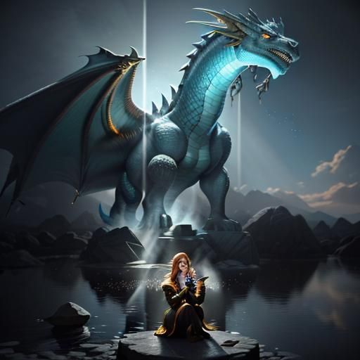 A beautiful female young witch using the magical spell power of music to free the their extremely gigantic dragon god deity from its grey co...