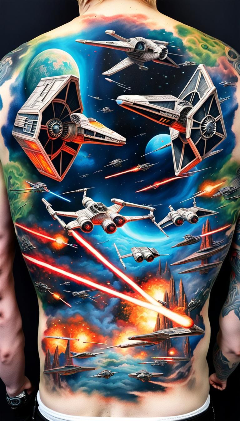 Scott Chapman-styled tattoo star wars Tiefighter jets in a b...