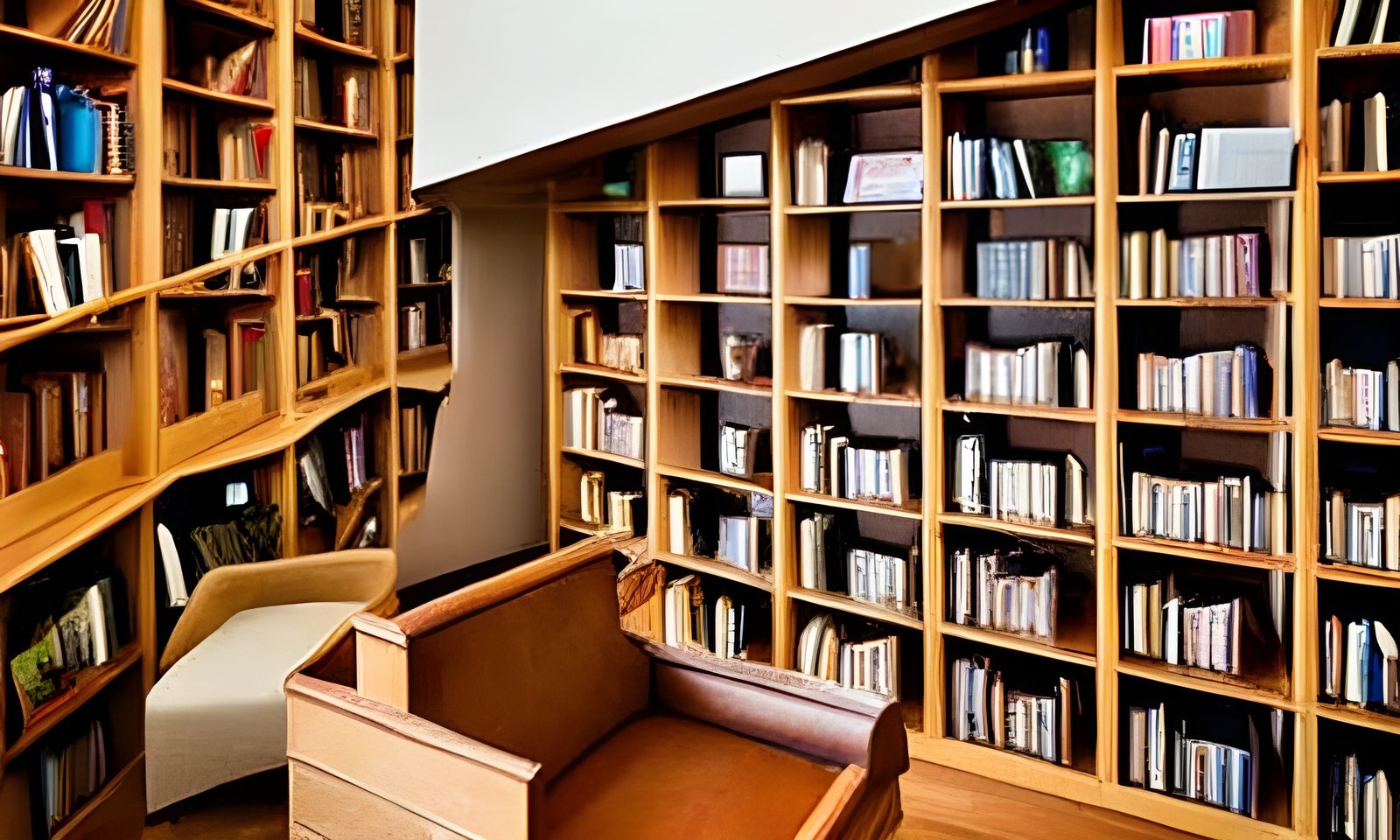 a cozy library with wooden book shelves