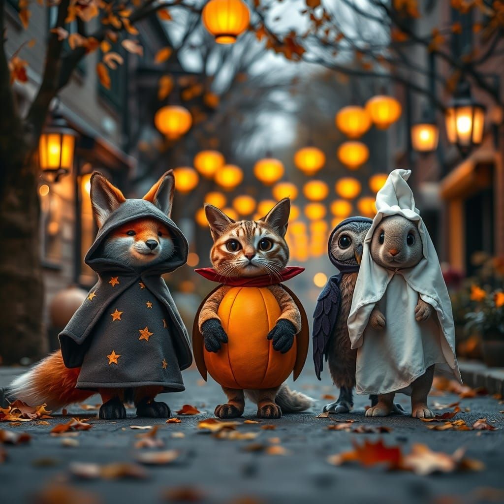A charming and whimsical autumn street setting where various animals are dressed in playful Halloween ...  by @undefined