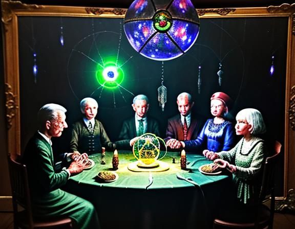 five people in a dimly lit old fashioned room sitting around...