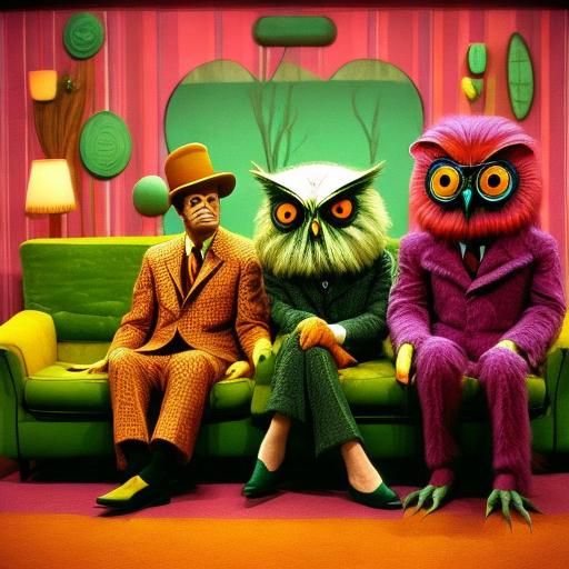 <lora:Pink Room SD15:1.0>
3 cute colorful fluffy owls sitting on a branch. Candid Technicolor, 70's style surreal sitcom with a strange crea...
