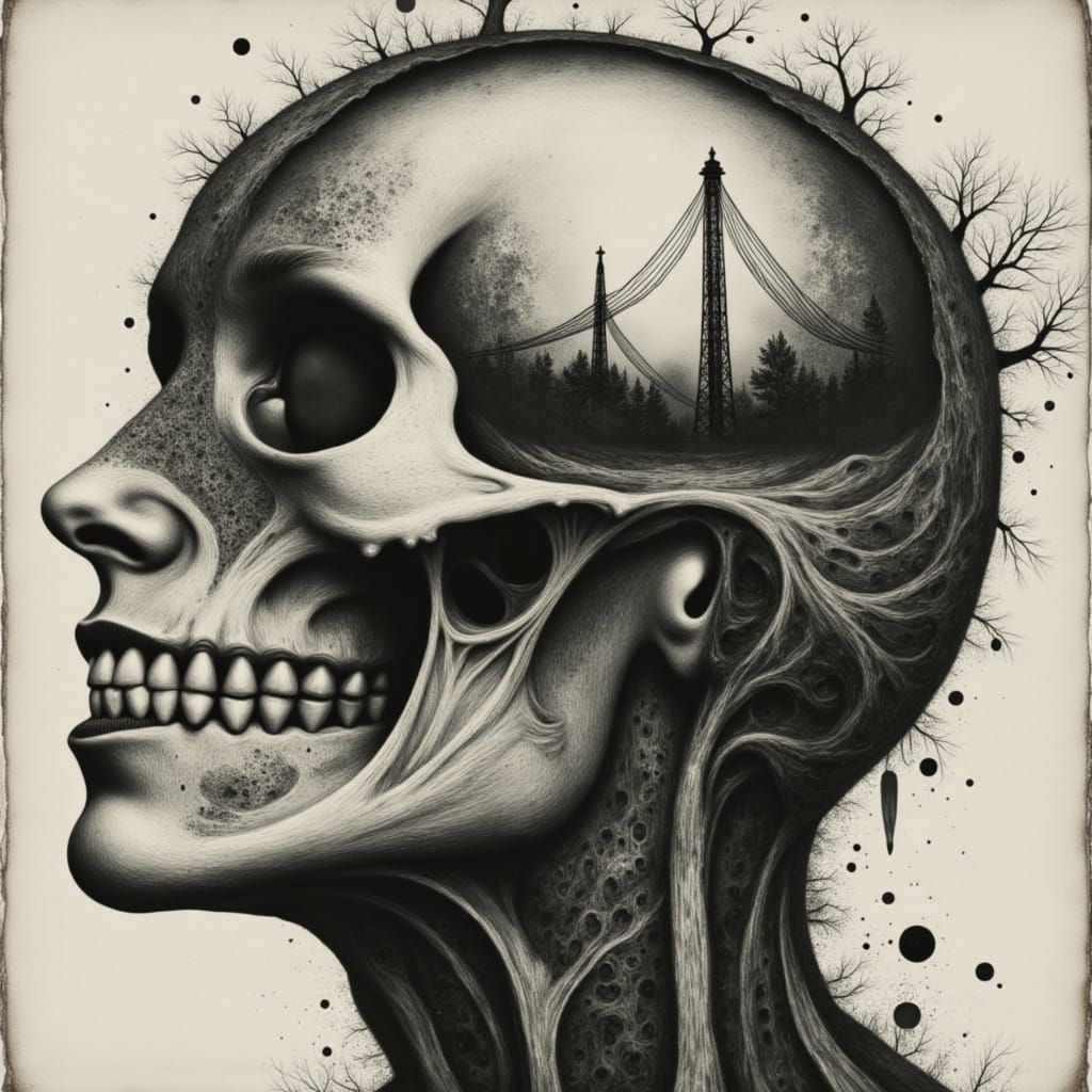 <lora:mix:1.0> <lora:Alice in Wonderland:1.0> Recursive head devouring its reflection amid glitch static