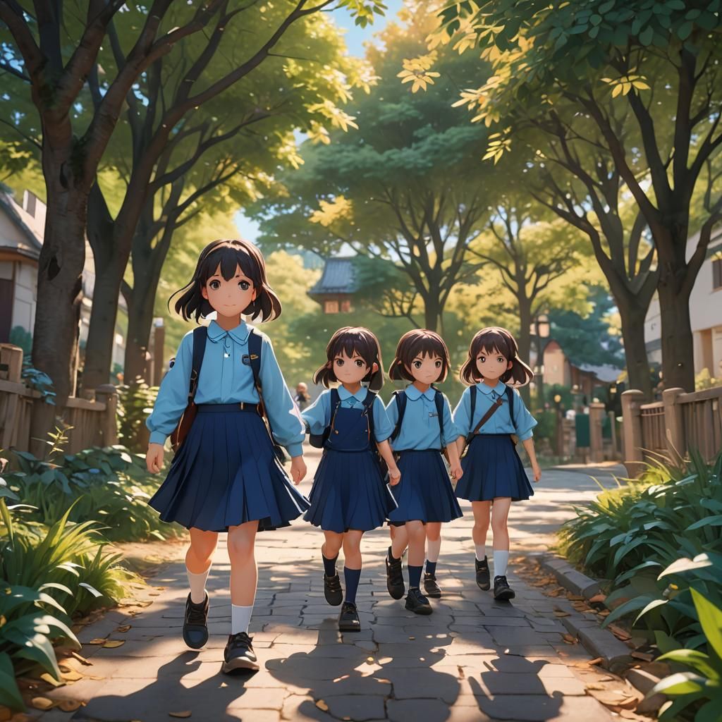 Anime Girls Walking to School in 3D Art Style