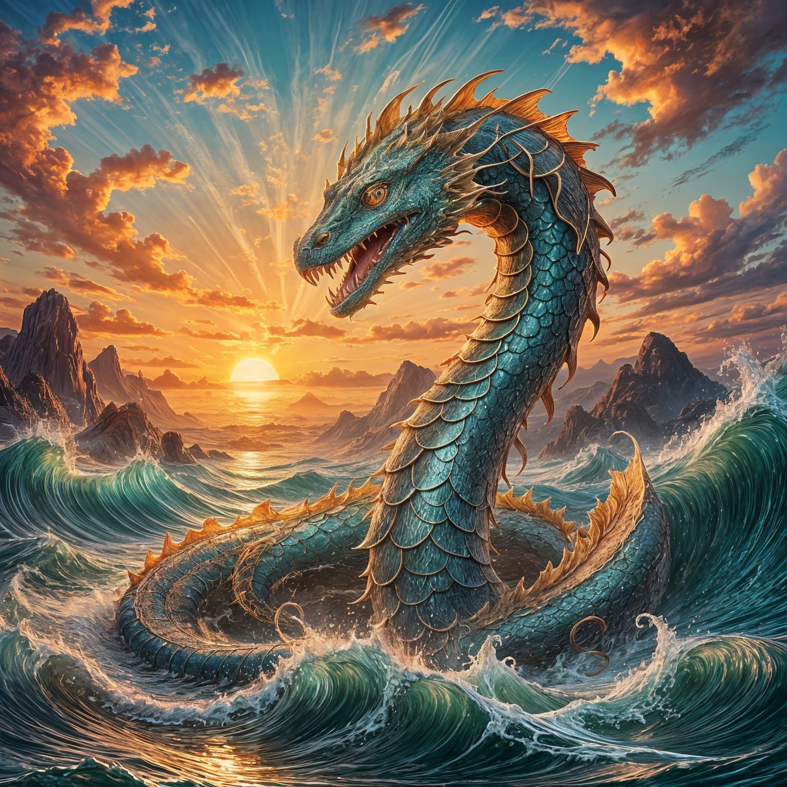 A mythical sea serpent emerges at dawn, its immense body weaving through iridescent waves.  by @ZoinMihailo