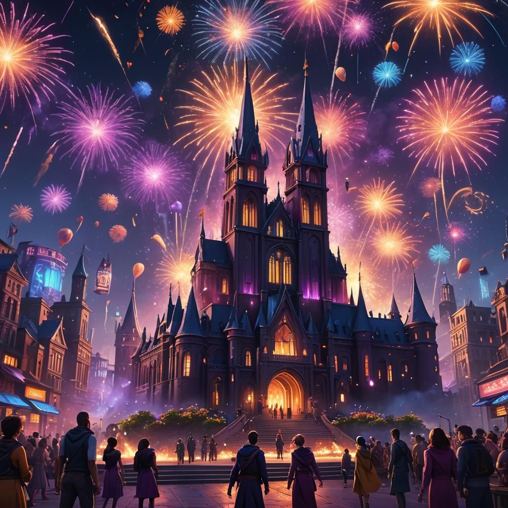 Joyful Celebration with Neon Links in Fantasy Art