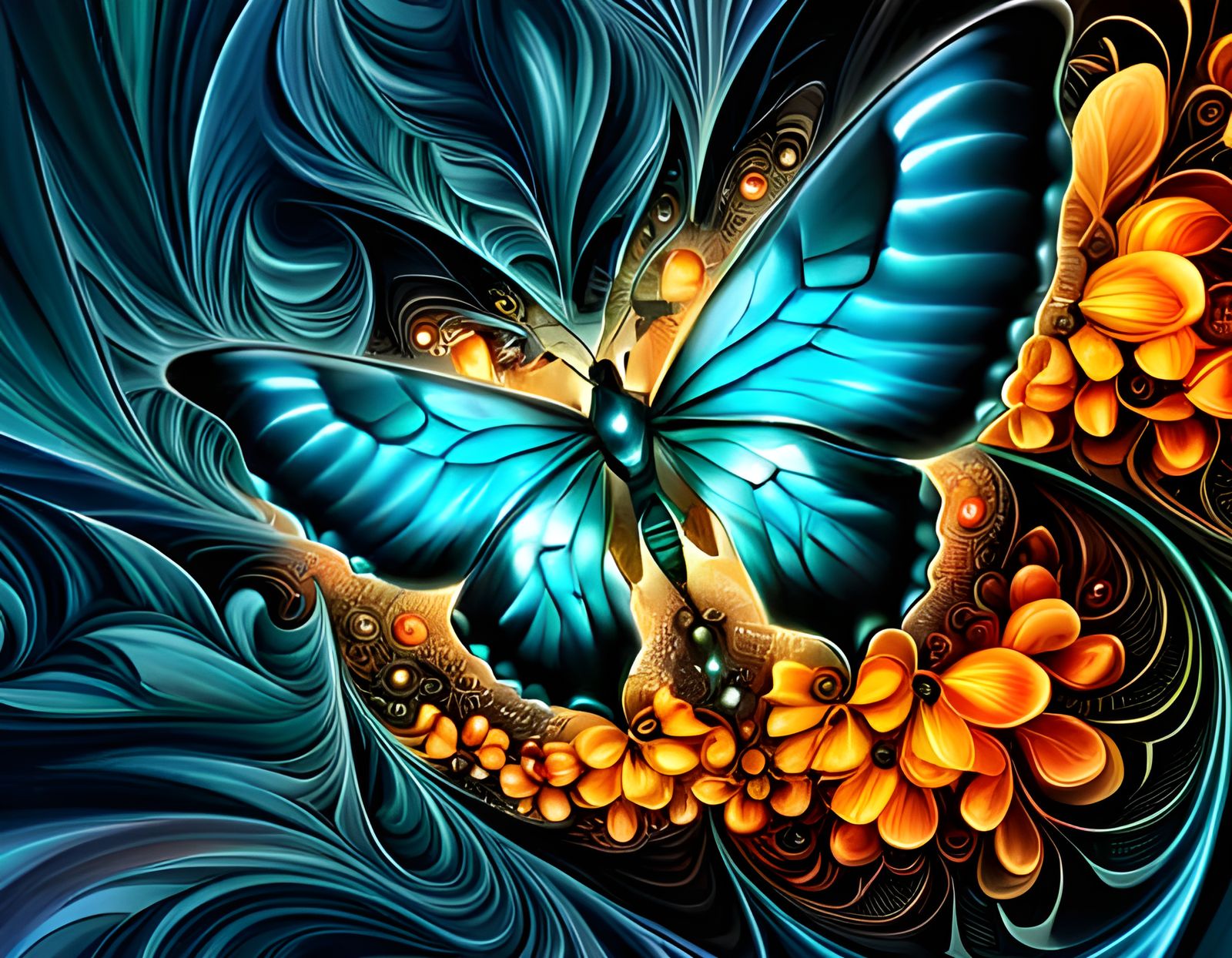 Exploded floral cyberpunk robotic amber and turquoise butterfly -3925  by @Preppergal